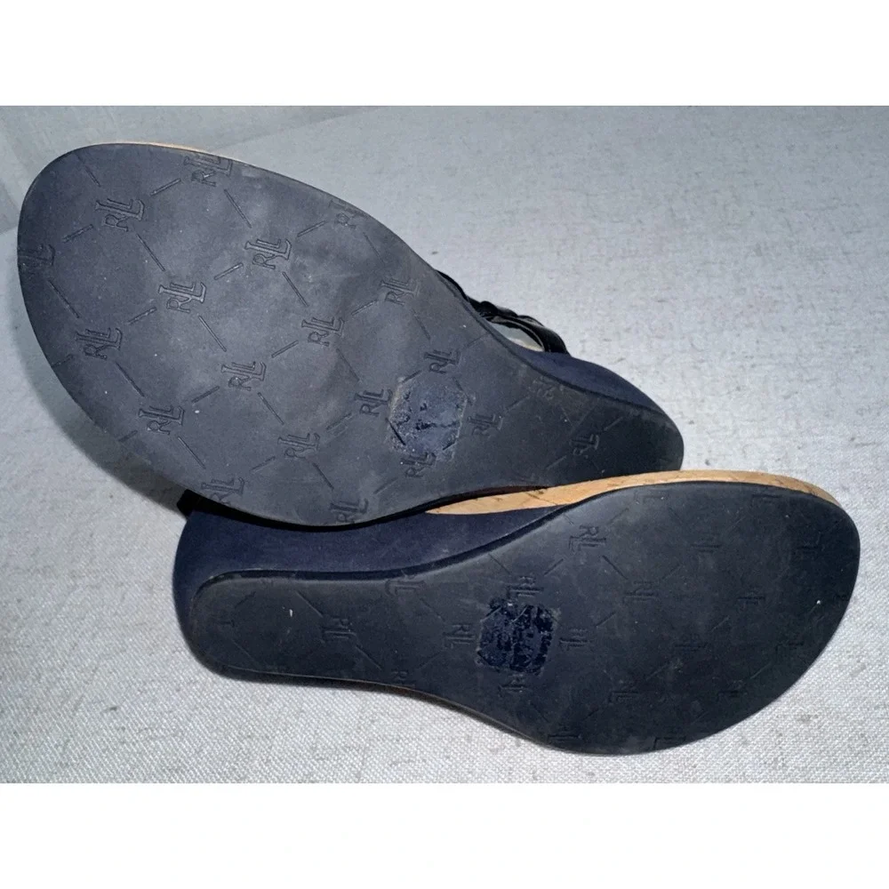 Ralph Lauren Navy Blue Women's 8.5 T-Shaped Thong Wedge Sandals Heels - Picture 8 of 9